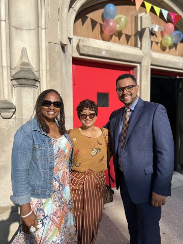 Diedre Garnett, Lake Region Education superintendent; Kathryn Kyle principal; John Boston, Shiloh Church pastor, on first day of school welcoming children.