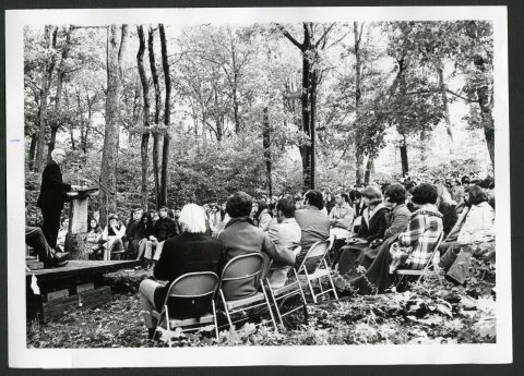 Elder N.R. Dower, secretary of the General Conference, North American Division, speaks to the students and faculty during the Sabbath morning service of the annual Andrews University Campus Concern Retreat, held October 7 to 10, at Camp Michiana. Elder Dower spoke to the students and guests on the theme, "The Time for the Task is Now."   [Adventist Digital Library]