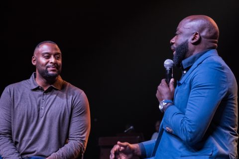 Lake Region Young Adult Director James Doggette, Jr, left, with Breath of Life Speaker/DIrector Debleaire Snell.