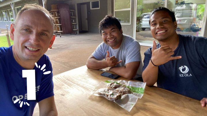 Left, Kamil Metz during his stay in Maui a week before the fire, with his Evansville members Jaxson Maun, center, and Dallas Matthew, right.
