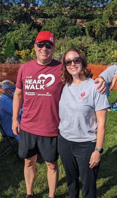 Aaron Cengiz (left) and Elizabeth Kraft, RN, (right) walked together in the 2023 American Heart Association Heart Walk at the DuPage County Fairgrounds in Wheaton, Illinois. 