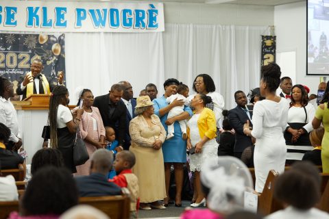 A baby dedication at the Maranatha Haitian Church on May 25, 2024.