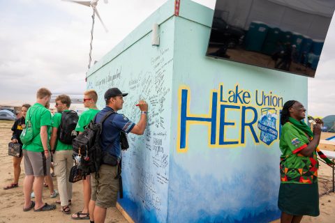 The wind turbine pictured on the left back corner of the makeshift Herald shed at Camporee. Pathfinders were encouraged to sign their names and tell us where they were from.