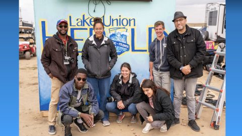 Behind-the-scenes crew included, front left to right: Zack Duah, U. of Michigan student; Katie Fellows, Lake Union staff; Gizel Poiret, assistant to director; back left to right: Stanton Witherspoon, Lake Union social media volunteer; Debbie Michel, Lake Union staff, Alex Winkler, Great Lakes Adventist Academy student; Harold Poiret, director. Missing: Felicia Tonga, remote producer.