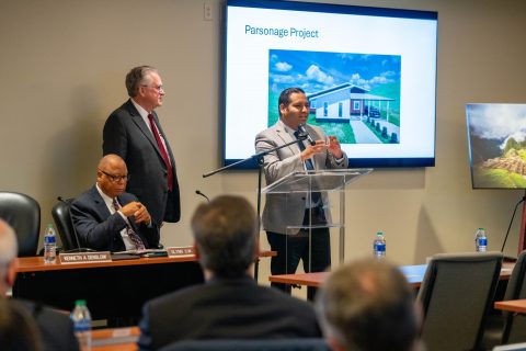 In the president’s report Denslow, standing left, said he was excited to partner with the South Peru Union Mission over the next five years. He introduced the mission’s Executive Secretary Fari Choque, right, and updated the group on a Maranatha project to build a church in Peru in January. Plans are also underway to build parsonages.