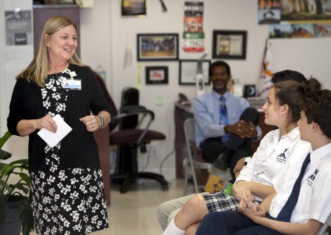 Sue Herrmann, Magnet nursing director, leads an activity for students.