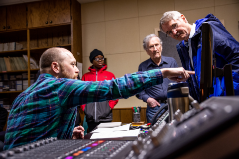John Weiss, the producer, demonstrating how he puts different sounds together to create a sound effects. Photo credit: Jonathan Logan