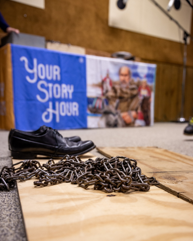 Demonstrating the materials used in studio for common sound effects. Photo credit: Jonathan Logan