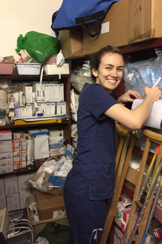 Johanna Erickson, Nursing student, participates in counting inventory in a hospital storeroom. Courtesy of: Andrews University School of Nursing