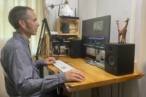 Jeff Boyd produced the Andrews Speaks podcast at his home work station. Credit: Charissa Boyd