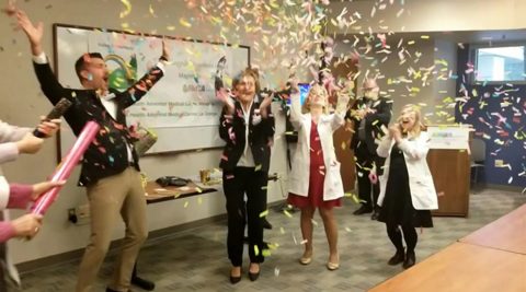 Hinsdale and La Grange CEO Mike Murrill and chief nursing officer Mary Murphy (black pantsuit) celebrate the news that the hospitals received Magnet status. 