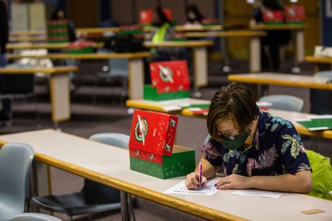 As part of Change Day 2.0, approximately 400 students in Pulse groups participated in Change Projects on Thursday, Nov. 12, 2020. One project involved packing 117 Operation Christmas Child boxes for children in need. Photo credit: Julia Viniczay