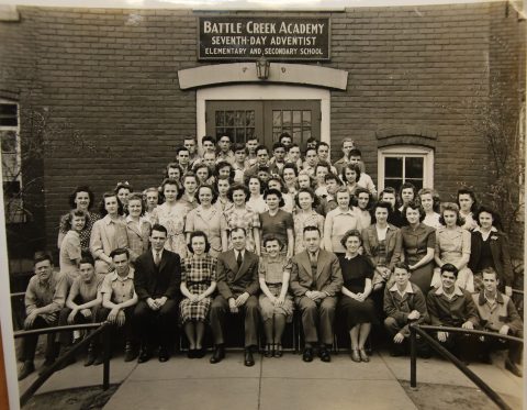 Battle Creek Academy students and staff, circa 1945. Founder Goodloe Bell’s approach to education fits the description, “wholistic”—that of educating the mind, body and spirit, which formed the cornerstone for his service as a Christian teacher: moral character development. Photo courtesy of Center for Adventist Research