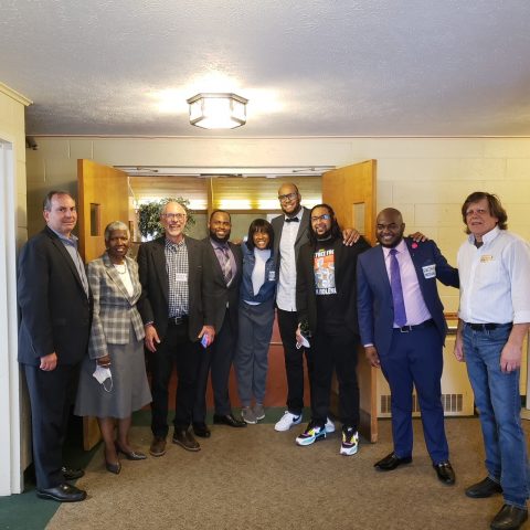 The Faith in Indiana townhall was represented by a cross-section of faith and political leaders, including, from left to right: Indiana State Senator Mike Bohacek, Evangel Heights United Methodist Rev. Michelle Cobb, Faith in Indiana St. Joseph County chapter and community organizer Andre Stoner, Berean Intern Chaka Samuel, Berean Intern Foluke Arthurton, Berean Intern Mario Cuevas, Black Church Coalition Organizer with Faith in Indiana Indianapolis Josh Riddick, Berean Pastor Claval Hunter, and South Bend First SDA Church Pastor Throstur Thordarson